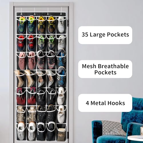 SAVERHO 35 Pockets Over the Door Shoe Organizer, Hanging Shoe Organizer for Door with 35 Mesh Pockets Large Capacity Shoe Hanging Storage Bag with 4 Metal Hooks (Black-1Pack) - color: Black-1pack of 35 pocket
