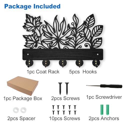 MAYJOYDIY Leaves Coat Rack Wall Mount 11.8×7.9inch Wood Leaves Plants Wall Art Decor Nature Tree Key Holder for Wall 5 Alloy Hooks Black Hook Rack Hat All Hook for Entryway Living Room Bedroom Gift - color: Leaves