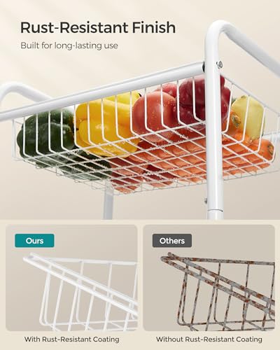 SONGMICS 3-Tier Metal Rolling Cart, Storage Cart with Removable Baskets, Utility Cart with Wheels and Handle, for Kitchen, Bathroom, Laundry Room, White UBSC003W01 - color: White