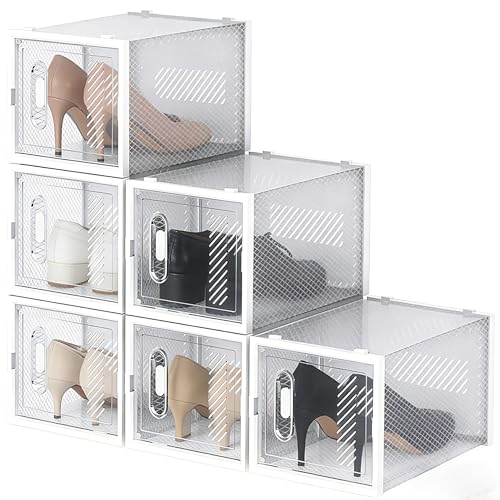6-Pack Clear Plastic Stackable Shoe Storage Boxes for Sneakers, Boots, for Entryway, Living Room, Bedroom, Garage, Car Trunk, as Shoe Rack Substitute and Display Case for Small Space Organization - color: White