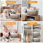 Woof Dog Toy Basket with Handles, Large Dog Toy Storage Bin with Paw Print, Woven Dog Basket for Blankets, Toys, Chews, Pet Toy Box for Nursery, Living Room, Bedroom, 17”x12”x9, Brown - color: Brown