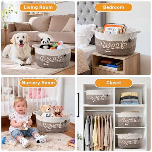 Woof Dog Toy Basket with Handles, Large Dog Toy Storage Bin with Paw Print, Woven Dog Basket for Blankets, Toys, Chews, Pet Toy Box for Nursery, Living Room, Bedroom, 17”x12”x9, Brown - color: Brown