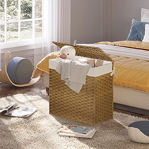 Greenstell Laundry Hamper with Lid, 125L Large Clothes Hamper with 3 Section & 2 Section Removable Liner Bags & 5 Mesh Laundry Bags, Handwoven Synthetic Rattan Divided Laundry Basket, Natural - color: Natural