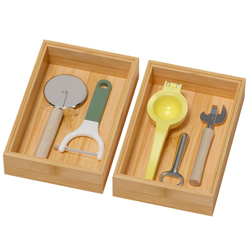 Lixple Bamboo Drawer Organizer, Cutlery Silverware Organizer for Kitchen Drawer, Stackable Utensil Organizer, 2 Pcs Flatware Organizer for Drawer, Wooden Storage Box Tray (Bamboo, 9 X 6 X 2 Inch) - color: Yellow, size: 9 x 6 x 2 Inch
