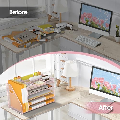 5 Tier Paper Letter Tray with File Holder and 3 Drop-in Pen Holders, Mesh Desk File Organizer with Handle, Desk Organizers and Accessories for School,Home, Office Supplies Storage-Pink - color: 5 Tier with File Holder-Pink, size: 15.4" x 9.1" x 10.3"