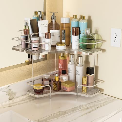 FOLLOWIN 2 Tier Bathroom Countertop Corner Organizer,Countertop Perfume Tray,Vanity Counter Shelf,Skincare Makeup Cosmetic Vanity Organizers,Silver - color: Silver