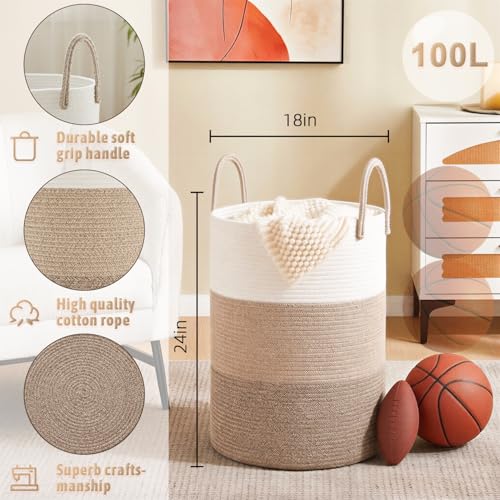 Artfeel Laundry Basket,Woven Cotton Rope Laundry Hamper,100L for Decorative Storage of Dirty Clothes,Toys and Blankets in Bathroom,Bedroom and Living Room - color: Brown & White, size: 100L