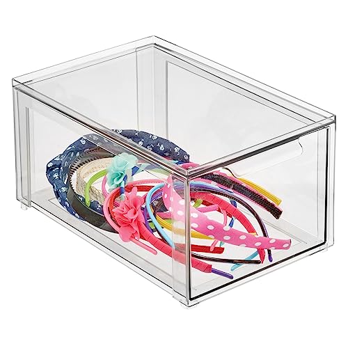mDesign Plastic Stackable Bathroom Storage with Pull Out Bin Organizer Drawer for Cabinet, Vanity, Shelf, Cupboard, Cabinet, or Closet Organization - Lumiere Collection - 4 Pack - Clear - size: 8 x 12 x 6 (Pack of 4)
