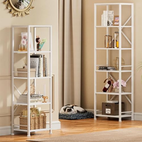 Furologee White Bookshelf 5 Tier Bookcase, Tall Narrow Bookshelves, Modern Freestanding Shelf Units, Metal and Wood Display Storage Corner Shelves Organizer for Bedroom, Living Room, Office, Bathroom - color: White, size: 5 Tier - 15.3"W
