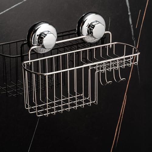 HASKO Suction Cup Shower Caddy Basket for Shampoo, Shower Suction Shelf Organizer, Basket with Soap Holder and Hooks, Stainless Steel Shampoo Holder for Bathroom Storage, Chrome - color: Chrome