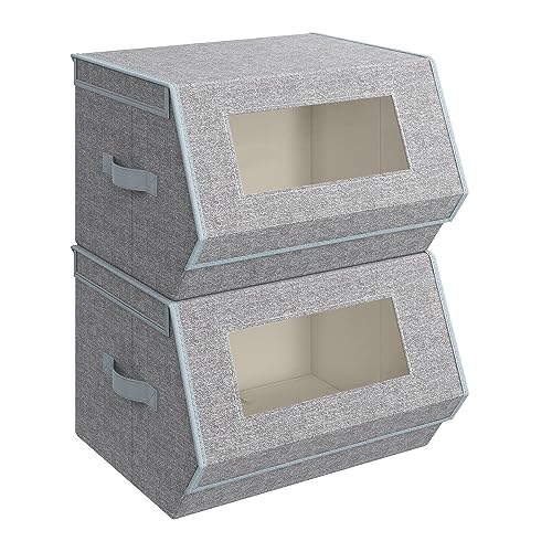 SONGMICS Stackable Storage Bins Set of 2, Storage Boxes with Lids and Front Windows, Non-Woven Fabric Closet Organizers with Magnetic Closures, Side Handles, Dove Gray URLB002W01 - color: Dove Gray
