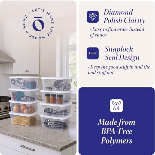 HOMZ 10-Pack Snaplock, Small Clear Plastic Storage Organizer Bins w/ Lids, 6 Quart, White - Stackable Container Boxes for Bedroom, Bathroom, Garage, and Office Organization - color: White Lid, size: 6 QT (10 Pack)