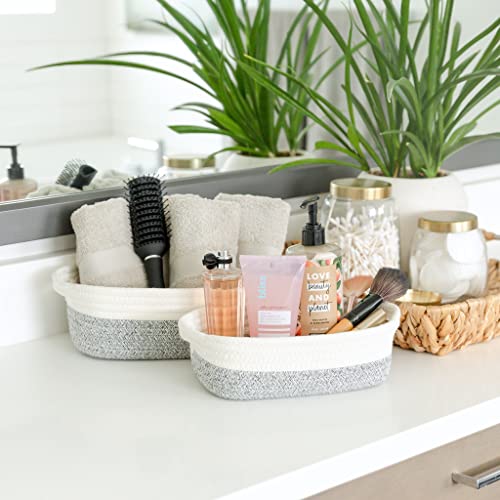 NaturalCozy 5-Piece Rectangle Storage Basket Set- Natural Cotton Rope Woven Baskets for Organizing! Small Basket for Montessori, Baby Nursery, Dog Toy Baskets, Cat Toy Box, Bathroom Organization Bin - color: Off White & Mixed Gray