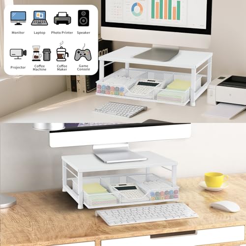 Small Laptop Stand for Desk, Monitor Stand Riser, Office Desk Accessories, Computer Desktop Stand with Drawer for Home, Office, School (White) - color: White