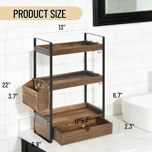 3-Tier Bathroom Counter Organizer with Drawer Basket and Hooks, Wood Bathroom Organizers and Storage for Countertop, Farmhouse Dark Brown Countertop Organizer, Counter Shelf for Vanity, Kitchen,Office - color: Brown