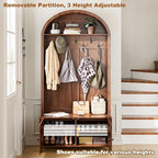 Hall Tree with Bench and Shoe Storage, Entryway Storage Bench with Coat Rack, 78.74" Coat Rack with 7 Hooks and Adjustable Shelves, Farmhouse Style Furniture Organizer for Hallway (Walnut, 78.74"H) - size: 78.74"H