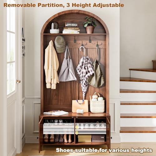 Hall Tree with Bench and Shoe Storage, Entryway Storage Bench with Coat Rack, 78.74" Coat Rack with 7 Hooks and Adjustable Shelves, Farmhouse Style Furniture Organizer for Hallway (Walnut, 78.74"H) - size: 78.74"H