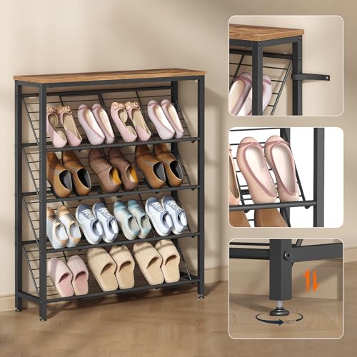 HOOBRO Shoe Rack, 5-Tier Narrow Slanted Shoe Storage Shelf, Slim Shoe Organizer for Front Door Entrance, Garage, Entryway, Holds up to 12-16 Pairs of Shoes, Rustic Brown and Black BF20XJ01