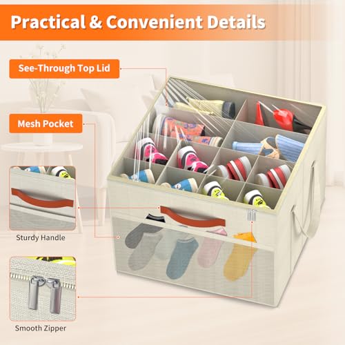 Aokeyee 2 Pack Shoe Organizer for Closet, Foldable Shoe Storage Organizer Box w/Clear Cover and Reinforced Handles, Space Saving Shoes Bin Fits up to 32 Pairs, Beige - color: Beige, size: Fits up to 32 Pairs