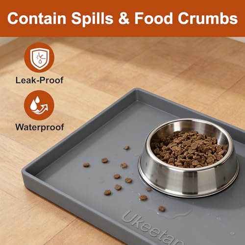 ukeetap Extra Thick Silicone Mat Waterproof with Raised Edge 19” x 12”, BPA Free Non-Slip Dog & Cat Food Mat, Feeding Mat for Food and Water Bowls, Spill Proof Mat to Protect Floors, Gray - color: Gray, size: 19"L x 12"W