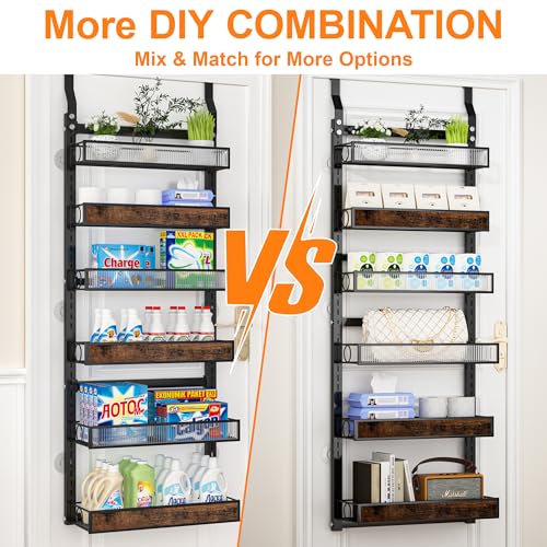 6 Tier Over the Door Pantry Organizer 2 IN 1 Hanging or Wall Mounted Spice Rack with Adjustable Basket,Heavy Duty Seasonning Storage Shelf for Kitchen Pantry and Bathroom,Black - color: Black, size: 6 Tiers