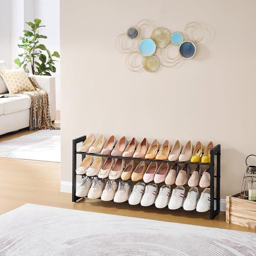 FAVOOSTY 3-Tier Expandable Shoe Rack, Adjustable Shoe Shelf Storage Organizer Space Saving Metal Free Standing Shoe Rack for Entryway Closet Doorway, Black - color: Black, size: 3 Tier