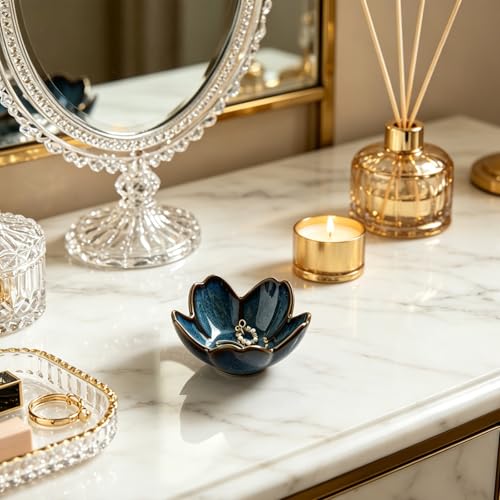 Floral Ceramic Jewelry Tray - 3.5" Elegant Ring Holder Dish & Trinket Bowl for Vanity Dresser Decor (blue) - color: blue