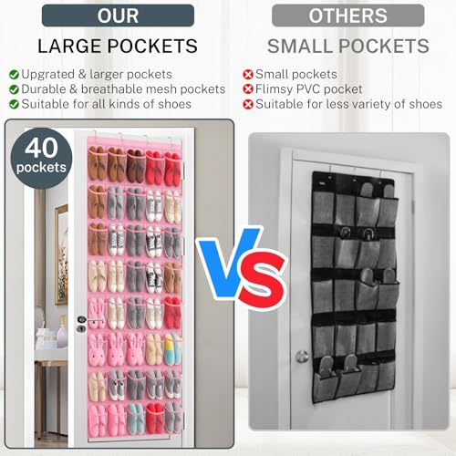 40-Pocket Over the Door Shoe Organizer - Large Mesh Pocket Hanging Shoe Organizer,Behind the Door Shoes Storage Holder Hanger (Pink) - color: Pink