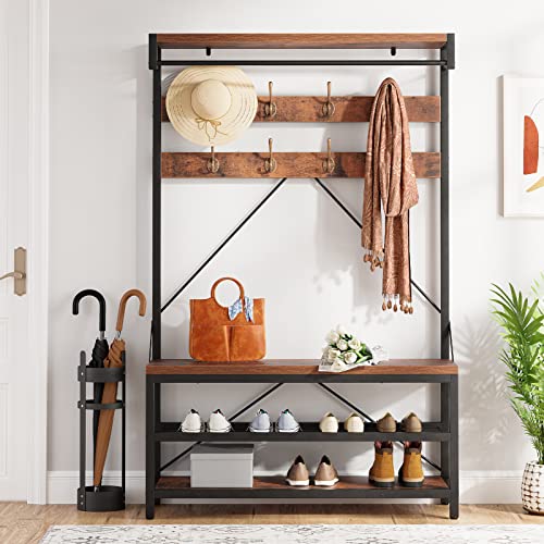 IDEALHOUSE Coat Rack Shoe Bench Industrial Hall Tree Storage Bench for Entryway Wood Look Accent Large Shoe Rack with Storage Shelf Hanging Bar,8 Hooks Grey 39.9"x15.7"x72" - color: Brown