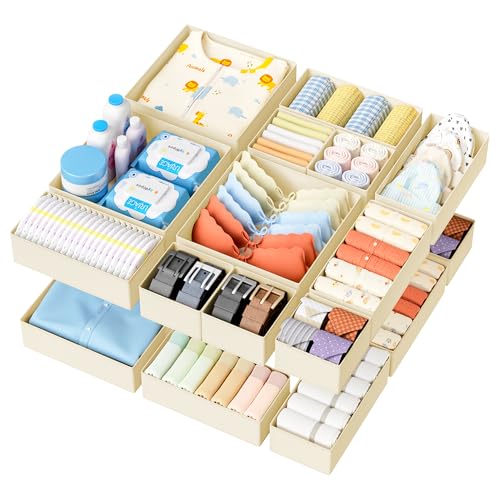 DIMJ Drawer Organizer Clothes - 18 Pack Closet Drawer Organizer Bins for Baby Clothes Storage, Fabric Dresser Organizer for Nursery Bedroom, Foldable Small Drawer Dividers for Underwear Socks - color: Beige, size: 18 Pack