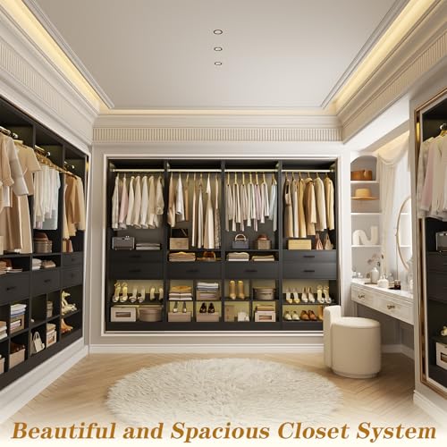Unikito Closet System, 8.3FT Closet Organizer with 6 Wooden Drawers, Hanging Rods, Adjustable Shoe Rack and Cube Storage, Easy Assembly Wardrobe Tower, Set of 4, Black - color: Black, size: 100 Inch