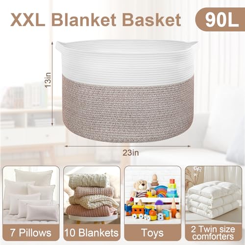 90L Extra Large Blanket Basket for Living Room - Cotton Rope Laundry Hamper Woven Baskets XXL Storage Bin with Handles for Dirty Clothes, Kids, Pets, Toys, Bedroom, 23'' x 23'' x 13'', White & Brown - color: Brown & White, size: 90L