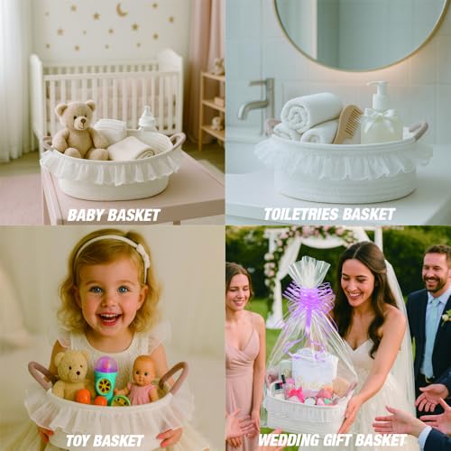Cotton Rope Gift Basket with Handle– White Woven Storage Basket with Organza Lace, Decorative Bin for Baby Shower, Housewarming, Nursery, Toys, Towels, Baby Accessories, Easter, Holiday Gifts - color: white with handle & lace, size: Oval - 12"x8"x5"
