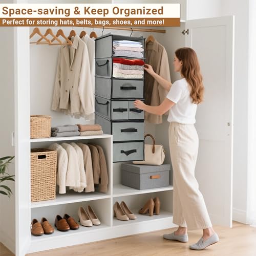 Durable 6-Tier hanging closet organizer with 5 Drawers & 3 Side Pocket,Thickened Fabric Hanging Shelves Holder with Sturdy Hook,Space-saving Storage Organization for Bedroom,Dorm,Guestroom,RV,Bathroom - style: Inseparable-6 Tier