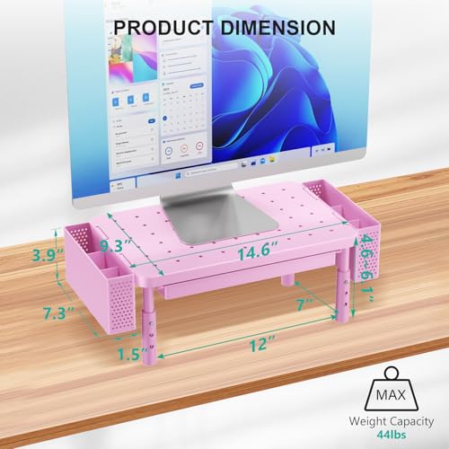 WALI Computer Monitor Stand with Storage, Desk Organizer with Drawer and Pen Holder, Desk Monitor Riser 3 Height Adjustable, Laptop Riser for Computer, Laptop, Printer (PTT003-P), 1 Pack, Pink - color: Pink, size: with Drawer and Pen Holder
