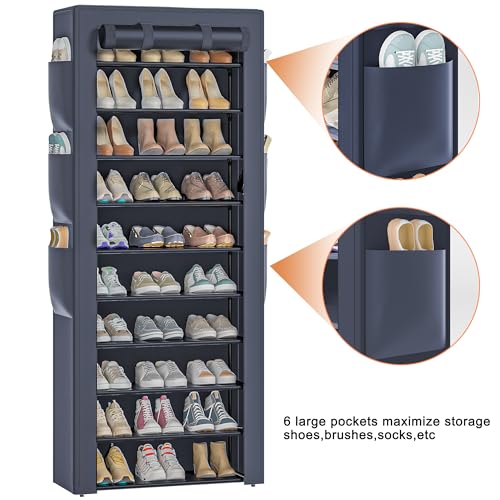 OYREL Shoes Rack 10 Tier Tall Shoe Rack with Storage Pockets, Fabric Covered Shoe Racks,Metal Shoes Rack Organizer for Closets,Bedroom, Garage - color: Grey