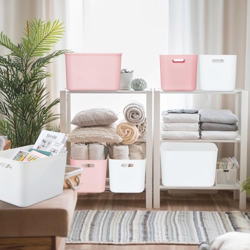 Hoolerry 8 Pieces Colorful Storage Bins with Lid, Plastic Storage Basket Organizing Container Stackable Box with Handle for Shelves Desktop Playroom Office(14.2 x 10.2 x 9.5 Inch,White and Pink) - color: White and Pink, size: 14.2 x 10.2 x 9.5 Inch