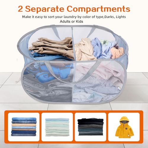 Sturdy Collapsible Laundry Baskets, Foldable Pop Up Laundry Hamper, Durable 2 Compartments Laundry Basket, Handy Pocket & Easy to Sort Clothes Hampers for Laundry, Dorm, Kids Room, Travel Grey - color: Gray, size: 2 Compartments