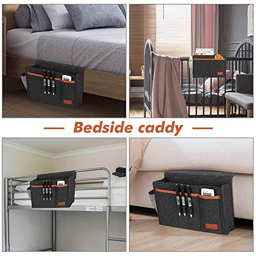 Bedside Caddy, Bed Storage Organizer for Remote Controller, Books, Magzine, Laptop Holder, 12.4'' x 8.6'' inch Bedside Hanging Felt Storage Bag for Dorm Bed with 5 Pockets, Dark Gray - color: Dark Gray