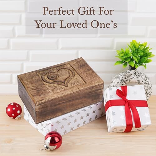Ajuny Wooden Decorative Jewelry Box with Heart Design Carving - Multipurpose Treasure Chest Storage Keepsake Box Necklaces Watch Organizer Boxes Birthday Gifts for Women & Men 8x5 Inch - style: Heart Carved Center