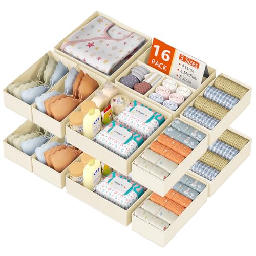 DIMJ Drawer Organizer Clothes 16 Pack - Foldable Baby Organizers and Storage & Dresser Organizer for Bedroom, Closet - Nursery Organization Dresser Dividers for underwear, Sock,Bra, Belt, Tie, Beige - color: Beige, size: 16 Pack