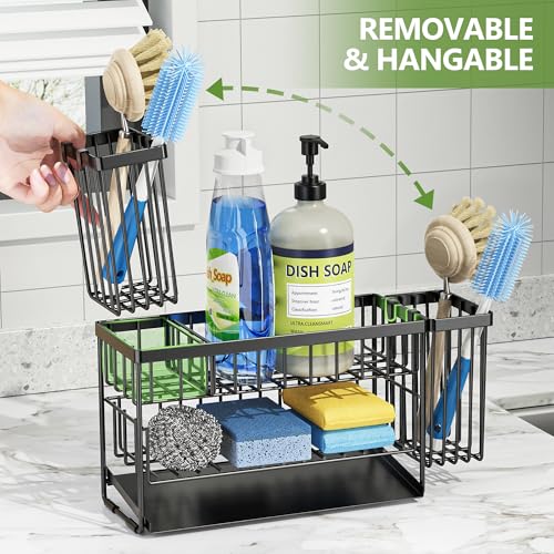 Cisily 2-Tier Kitchen Sink Caddy Organzier Rack with Flexible Dish Brush Holder, Sponge Holder for Kitchen Sink Countertop Organization Storage,Home Decor Accessories Essentials Stainless Steel - color: Black
