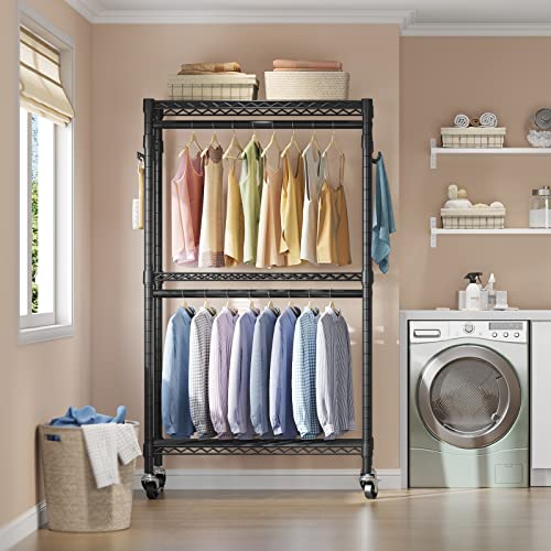 VIPEK R2 Medium Rolling Clothes Rack Heavy Duty Clothing Rack for Hanging Clothes Adjustable Metal Wire Shelving Portable Closet with Wheels Side Hooks, Freestanding Closet Wardrobe, Black - color: Black, size: R2 Medium