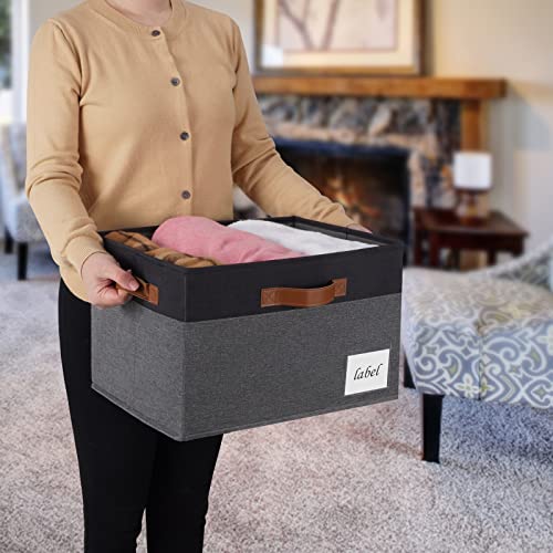Large Storage Bins with Lids, Foldable Fabric Storage Baskets with Lids, Sturdy Storage Boxes with Labels and 3 PU Handles for Closet Home Bedroom Office (26L, 3 Packs, Grey&Black) - color: Grey with Black, size: Large-3pcs
