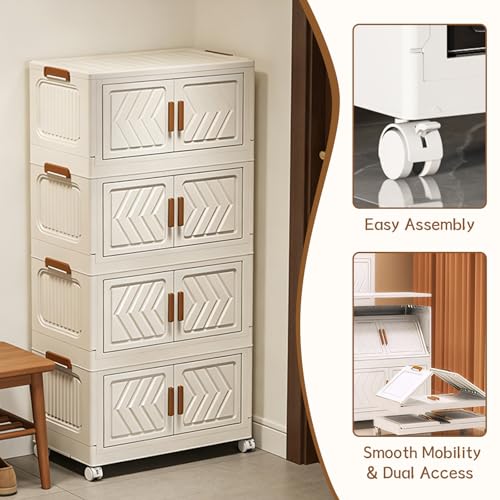 ETOYA 4-Tier Stackable Storage Bins with Lids, 23QT Stackable Closet Organizers and Storage with Wheels and Magnetic Doors, Foldable Plastic Storage Containers for Seasonal Clothes, Toys, Tools - color: White
