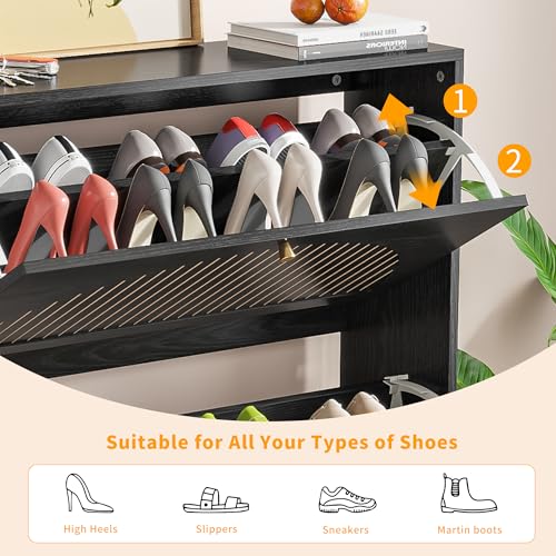 Fsbecl Shoe Storage Cabinet for Entryway with 2 Flip Drawers, Narrow Wood Shoe Cabinet with Fluted Panel, Freestanding Hidden Shoe Organizer for Foyer, Hallway (Black - with Shelf) - color: Black - With Shelf