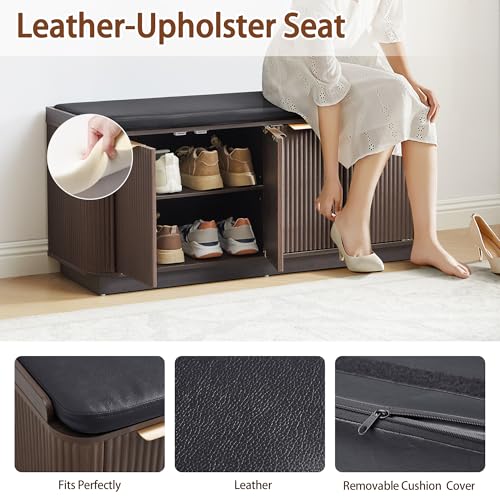 Fluted 2-Tier Entryway Shoe Bench with Doors and Adjustable Shelf, 43.3'' Wide Shoe Storage Bench with Cushion Seat for Entrance, Hallway, Living Room, End of Bed - Espresso - size: Door-espresso