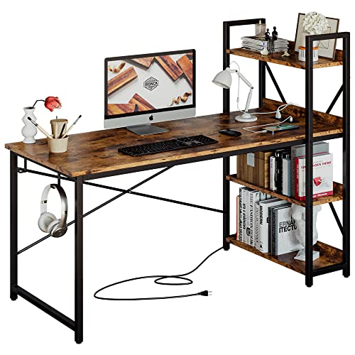IRONCK Computer Desk 55" with Power Outlet and Storage Shelves, Study Writing Table with USB Ports Charging Station, PC Desk Workstation for Home Office, Rustic Brown - color: Rustic Brown, size: 55 inches