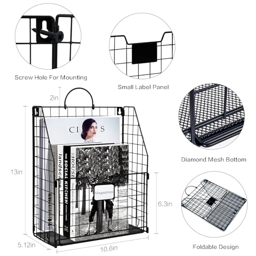 DILIBRA 4 Packs Hanging Wall File Organizer, Foldable Wall Magazine File Holder with Handle and Tag Slot, Metal Wall Mounted Mail Organizer Rack Folder Holder for Document Office Door Home Black