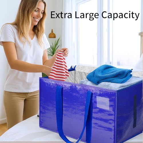 12 Pack-Extra Large Heavy Duty Moving Bags - Waterproof Storage Totes with Handles & Zippers, Foldable for College Dorm, Storage (Blue) - color: Blue, size: 12
